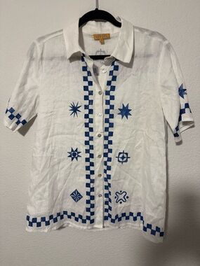 VRG GRL White & Blue Embroidered Linen Button-Up Blouse Size 6